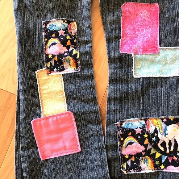 Child’s Upcycled Patch Jeans, Size 6X: Elastic Waist, Handmade Unicorn Patchwork - Picture 10 of 15
